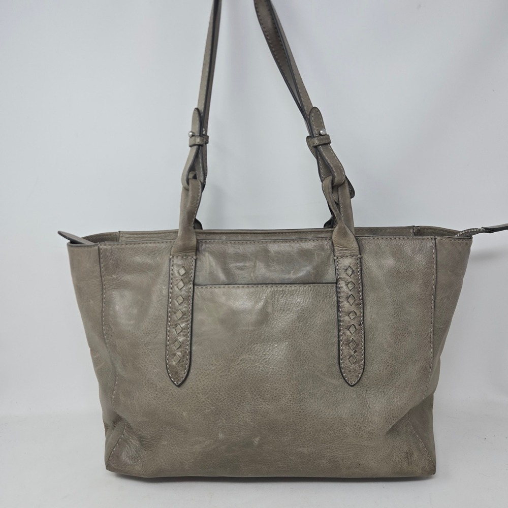 Frye Melissa Slate Gray Leather Tote Zip Top Shoulder Bag Woven Detail